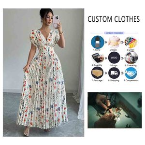 Maxi <span class=keywords><strong>abito</strong></span> a maniche corte elegante con scollo a V da <span class=keywords><strong>donna</strong></span> con stampa in lamina dorata a blocchi di colore in vita anteriore regolabile con coulisse plissettato - Product Image 1