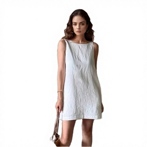 White Linen Sleeveless Square Neck Mini <b>Dress</b> Loose Fit Casual Summer Breathable Solid Woven Women's <b>Dress</b> - Product Image 3