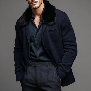 <strong>Men</strong> Slim Fit Knit Jacket with Removable Fur Collar | Merino <strong>Wool</strong> Urban <strong>Cardigan</strong> for Europe Wholesale - Product Image 5