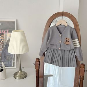 Autumn Winter Collection <b>Cute</b> Girls Korean Casual Suit New Long Sleeve <b>Bear</b> Cartoon Design Cotton Sweater Cardigan Skirt - Product Image 3