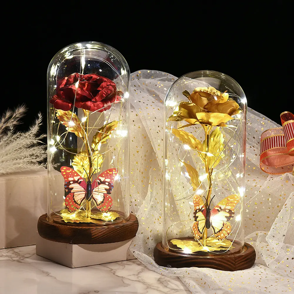 Gold foil rose flower in glass cover Valentine's Day gift immortal flower butterfly decorative tabletop ornaments