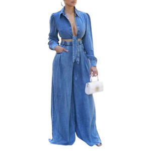 Popular New Casual Lace-up Turn <b>Down</b> Collar Long Sleeve Wide Leg <b>Pants</b> Women's Denim Set Fashion - Product Image 2