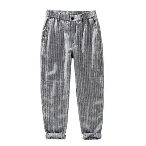 Calças de linho de alta qualidade Slim fit listra calças de terno masculino