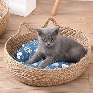 Cesta de cama para gatos tejida con hierba, cesta de mimbre para gatitos, nido, cama para perros pequeños, cestas de salón redondas hechas a mano, Cestas tejidas de paja para gatos - Product Image 1
