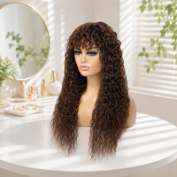 Perruque longue indienne 100% vierge, blonde miel, bouclée Jerry, sans colle, fabriquée à la machine, avec frange aérienne, haute densité, sans dentelle, pour femmes noires