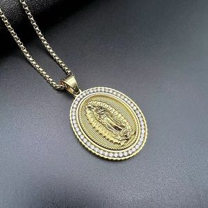 yunnique Hip Hop Religious Pendant Necklace Stainless Steel Gold Plated Zircon Inlay Oval Charm For Men Women Gift Jewelry - Product Image 4