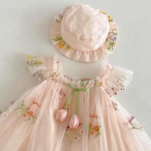 Robe en maille sans manches pour petites filles, avec broderie florale, avec chapeau assorti, tenue de fête quotidienne d'été - Product Image 3