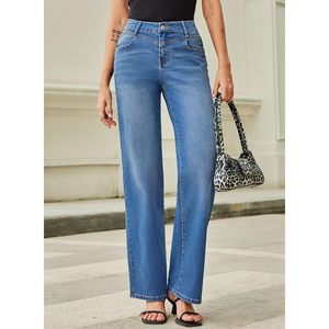 Sidefeel XL de cintura alta para mujer, pantalones vaqueros elásticos de pierna recta con bolsillos, pantalones vaqueros Boyfriend de pierna ancha, transpirables, holgados - Product Image 5