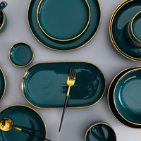 Service de Table en Céramique Vert Doré de 18 Pièces en Gros, Comprenant Bols à Soupe Ronds et Assiettes, Vaisselle en Porcelaine pour la Maison ou la Restauration