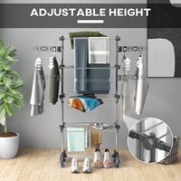 Séchoir à linge en métal à 4 niveaux en acier inoxydable, réglable, pliable, 6 roulettes avec 2 ailes latérales, pliable et aérateur.