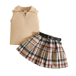 Ensemble trois pièces pour bébé de 0 à 3 <span class=keywords><strong>ans</strong></span> : haut sans manches à col châle à rayures en relief + jupe écossaise classique + <span class=keywords><strong>ceinture</strong></span>, été - Product Image 5