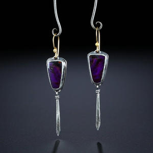 Tibetan <b>Silver</b> Amethyst Drop Earrings Vintage <b>Sword</b> Shape Bezel Setting Women's Fashion Jewelry Gold Plated Earrings - Product Image 3