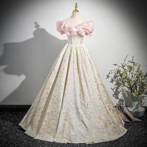 Champagne Off The Shoulder Ball Gown Floral Print Empire Waistline Evening Dress For Stage Performance Banquet Coming Of Age - Product Image 4