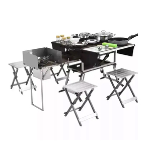 Portable Outdoor Folding Food Trailer Mobile Kitchen Foldable Cooking Grill Dining <b>BBQ</b> Picnic <b>Table</b> and Chair Set for Camping - Product Image 5