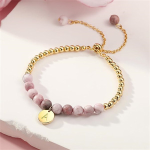 Ngựa vằn màu hồng đá mạ vàng đá tự nhiên Bohemian đính cườm Vòng đeo tay tùy chỉnh 26 chữ cái Tiếng Anh Có thể điều chỉnh, quà tặng cho phụ nữ & cô gái - Product Image 2