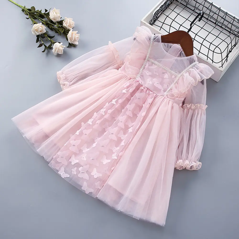 2023 Party Dress For Girls Kids Spring Long Sleeve Clothing 3 To 7 Yrs Children Princess Ball Gown Kids Pink Dress For Wedding