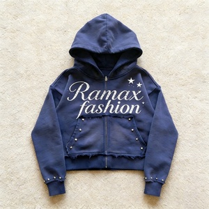 Sweat-shirts Y2K Streetwear personnalisés de haute qualité en coton lourd 450g, style vintage vieilli, avec fermeture éclair, coupe courte, imprimés de strass et brodés - Product Image 1