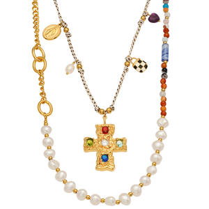 Trendy Edelstahl Kreuz Anhänger Halskette mit Süßwasser perle und Naturstein langen geometrischen Multi-Zubehör Schmuck - Product Image 5