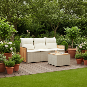 Ensemble de canapé de jardin en rotin beige 3 places, mobilier d'extérieur avec structure en teck, résistant aux intempéries, design contemporain - Product Image 2