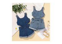 Ensemble 2 pièces pour petites filles : Haut caraco à manches longues avec imprimé lettres et bretelles à nouer + Jupe plissée effet jean avec ceinture – Tenue d'été pour enfants