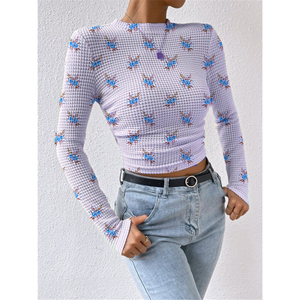 Solid Color Slim Long Sleeve Plaid Round Neck Women's T-Shirt Drawstring <b>Tops</b> Fashion - Product Image 6