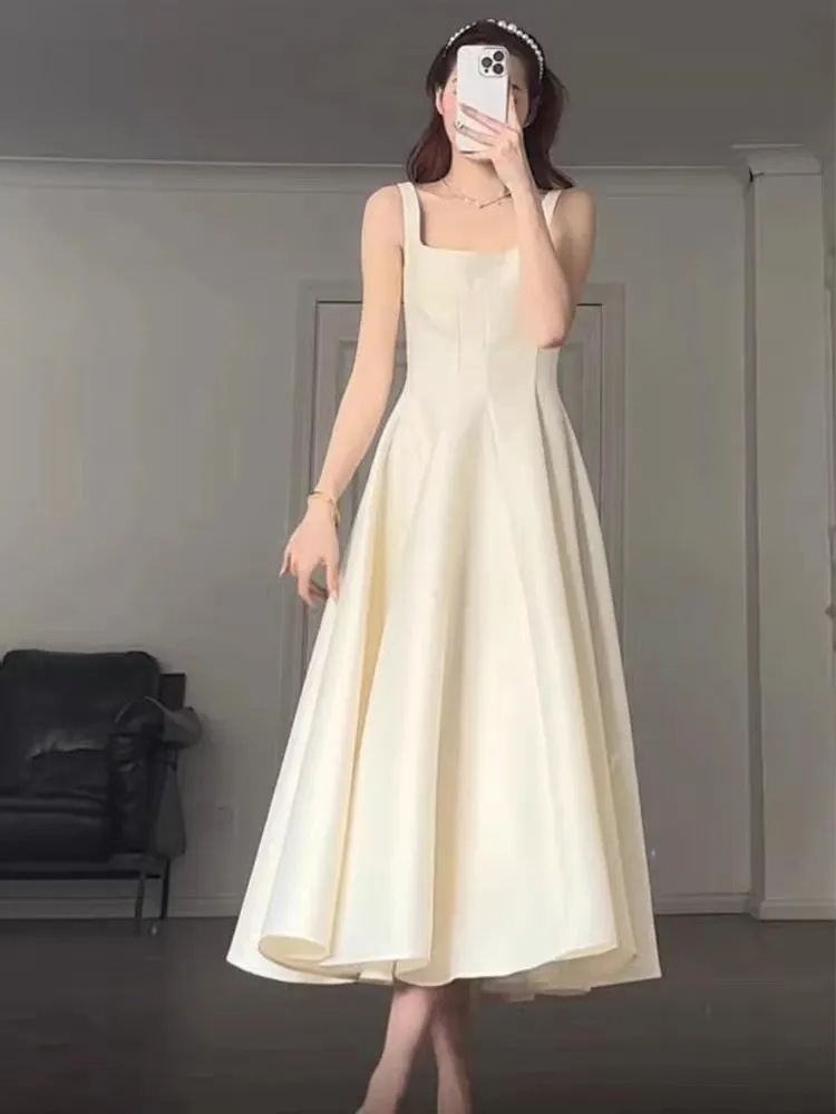 Vestido de princesa para festa à noite estilo francês elegante com gola quadrada