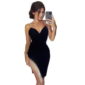 Red Black Diamond Tassel Spaghetti Strap High-end light luxury Dress nightclub sexy Bandage Dress female bandage evening dress