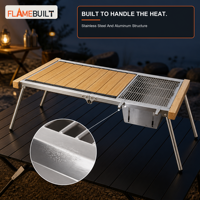 Table de camping pliante en acier inoxydable FLAMEBUILT avec gril à gaz 100 cm, plateau modulaire IGT, pieds en aluminium à commande par cadran, cuisine