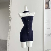 Robe mini moulante en maille unie à col halter sans bretelles, design personnalisé OEM/ODM, coupe ajustée pour femme