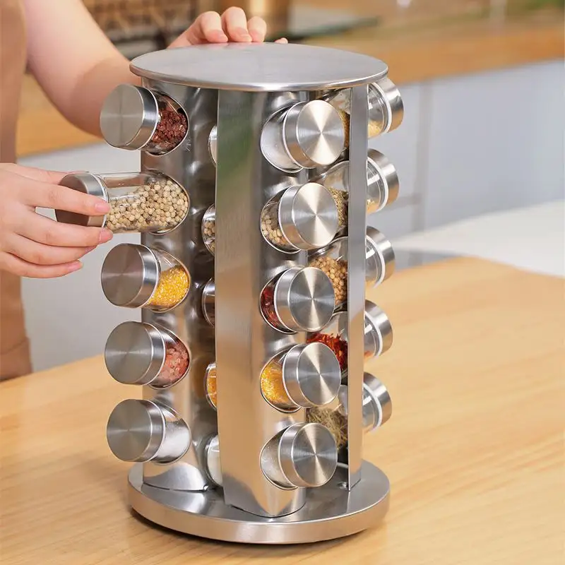 360 rotating vertical kitchen spice bottle rack stainless steel rolling shelf seasoning rack round carousel standing spice rack