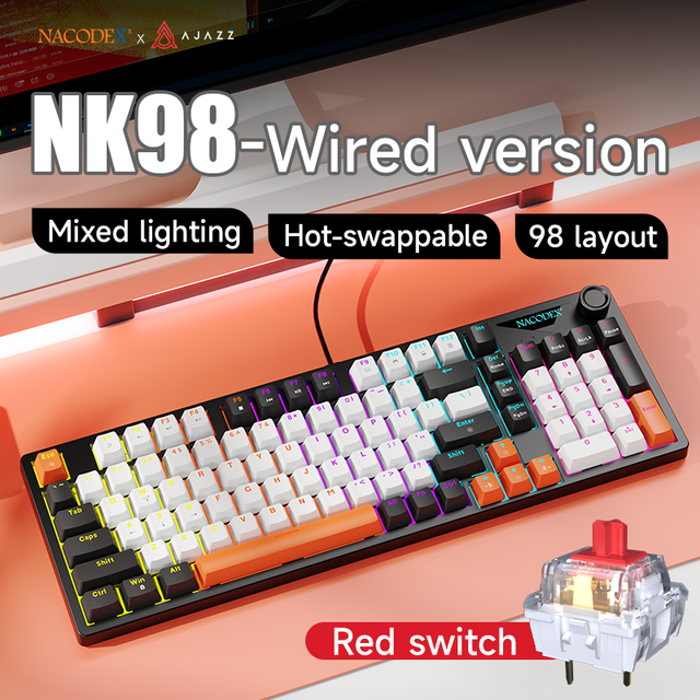 Ajazz NK98 Wired Gaming Keyboard Rainbow Light 98% Computer Gamer Keyboard Red Switch Gaming Keyboard