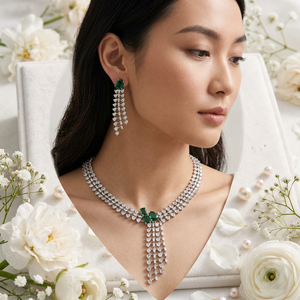 Luxury Brass <b>Silver</b> Plated Emerald Green Cubic Zirconia <b>Choker</b> Necklace Dangle Earrings Bridal Jewelry Set for Women - Product Image 3