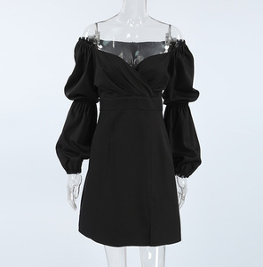 Enyami automne hiver Sexy col en V bouffée à manches longues banlieue <span class=keywords><strong>plissée</strong></span> mince fente classique mode <span class=keywords><strong>robe</strong></span> petites femmes noires <span class=keywords><strong>robe</strong></span> mi-longue - Product Image 4
