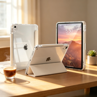Étui transparent beige à trois volets compatible avec iPad Pro 11 pouces, design avec support pour stylet