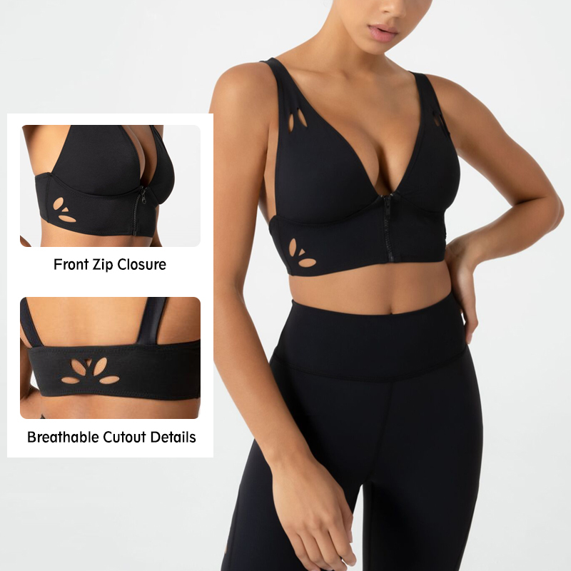 OEM ODM Gym Clothing Women Activewear Deep Plunge Laser Cut Zipper Sports Bra Plain Yoga Bra Backless Crop Sports Bra