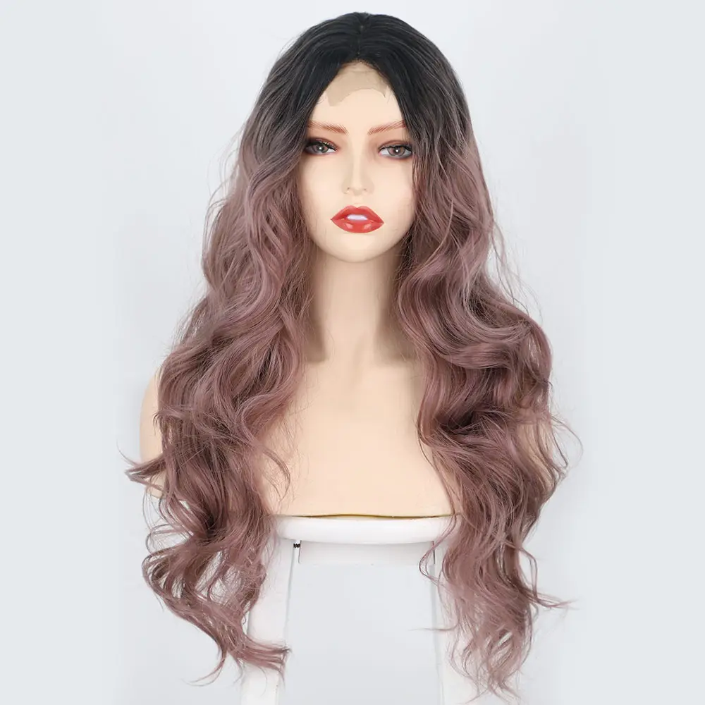 Aisi Hair Woman Wholesale Cheapest Fiber Synthetic Long Body Hair Ombre Light Purple Synthetic Wavy Lace Front Wig