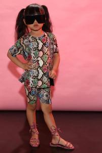 Conjunto de Ropa Infantil al por Mayor, Estilo Boutique, Patrón de Piel de Serpiente, 2 Piezas, Shorts de Motero para Niñas Pequeñas - Product Image 4