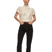 Pull à manches courtes pour femmes personnalisé basique demi col roulé motif géométrique paillettes brodées