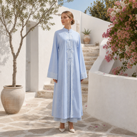 Ensemble 2 pièces modeste Loriya avec boutons mandarin, dentelle et bordure Abaya, long cardigan ouvert, tenue musulmane, 4 couleurs, 100% coton slub