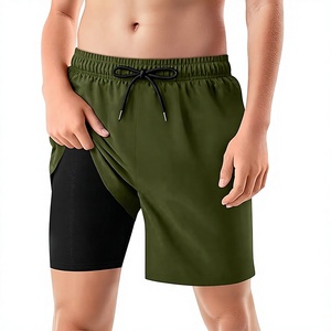 Short de bain rayé pour homme à séchage rapide avec cordon de serrage, slip intégré, taille mi-haute, décontracté, pour la plage, vert, 100 % polyester, avec poches - Product Image 1