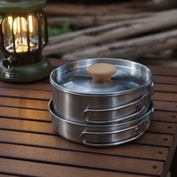 Set Peralatan Masak Stainless Steel Outdoor Gagang Lipat Portabel untuk Berkemah, Set Panci Penggorengan dan Panci Sup untuk Kompor Gas, Mudah Dibersihkan