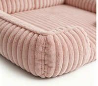 Coussin pour animaux de compagnie en peluche rayé rose poudré, avec trois côtés rembourrés, nid douillet en velours côtelé pour chats et chiens d'intérieur, vente en gros