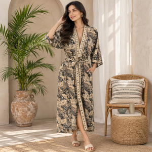 Robe longue à col en V imprimé Paisley, manches trois quarts, fermeture à cordon, respirante, en satin de soie et coton, écologique - Product Image 1