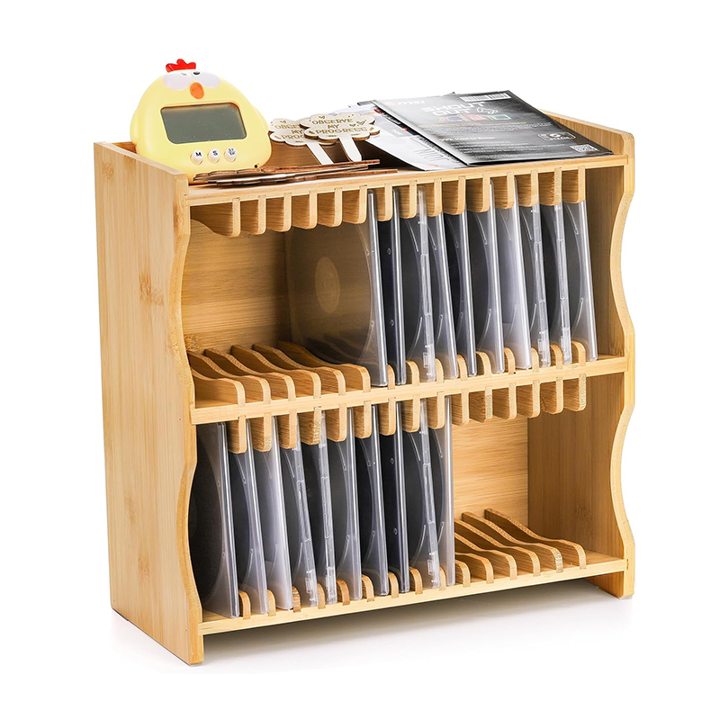 Bamboo CD Holder Rack Organizer - Eco-Friendly 2 Tier Storage for