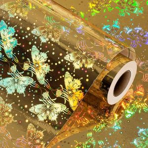Papier d'emballage holographique irisé, motif fleurs et papillons, métallisé, imperméable, papier d'emballage cadeau artisanal - Product Image 1