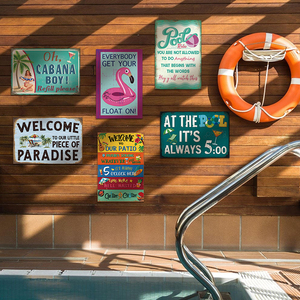 ป้ายโลหะวินเทจลายชายหาดเขตร้อนสไตล์เรโทร ตกแต่งผนังสำหรับบาร์ทีกิ ริมสระน้ำ <span class=keywords><strong>บ้าน</strong></span>ริมชายหาด - Product Image 1