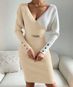 Vendita calda abito da donna <span class=keywords><strong>in</strong></span> <span class=keywords><strong>maglia</strong></span> di colore bianco <span class=keywords><strong>Beige</strong></span> a blocchi di colore profondo scollo a V con cintura attardato abito da sera per festa - Product Image 3