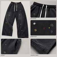 Pantalon de survêtement pour homme en coton lavé, coupe large, taille à cordon, broderie multicolore, style streetwear, vente en gros
