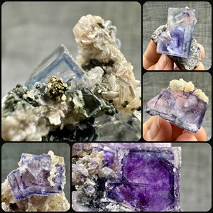 Arsenopyrita Natural con Fluorita Púrpura, Calcita y <span class=keywords><strong>Dolomita</strong></span>: Espécimen con Contraste de Color Impresionante, Tamaño Mano, para Coleccionistas Geológicos - Product Image 1