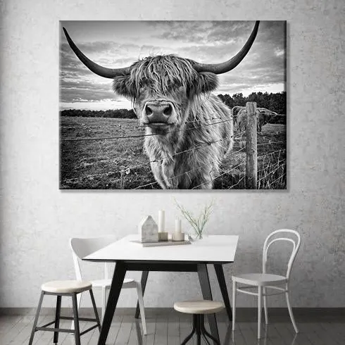 جدار البقر الفن ريفي مزرعة جدار ديكور قوي الثقة ياك قماش الطباعة طويلة القرن الحيوان جدار الفن